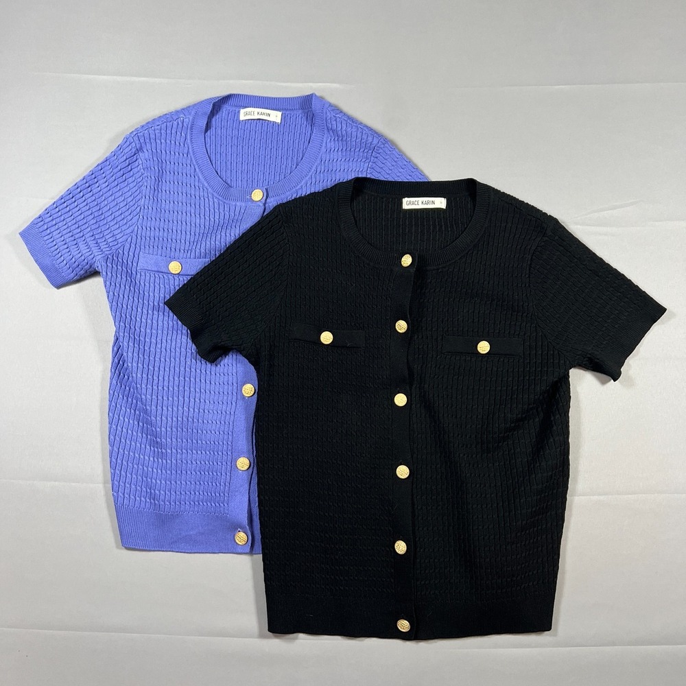 Lot Of 2 Grace Karin Cardigan Sweater Women M Blue Black Textured Knit Button Up